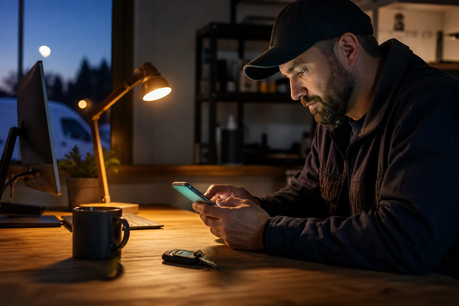 Service-business owner at a workshop desk at dusk, looking at a smartphone with a new customer inquiry beside van keys and a coffee mug